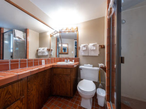 Studio Unit bathroom with glass shower, toilet, and tile countertop sink