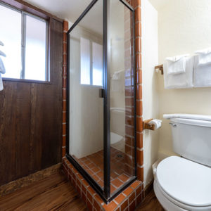 One bedroom lanai condo. Bathroom with glass shower and toilet