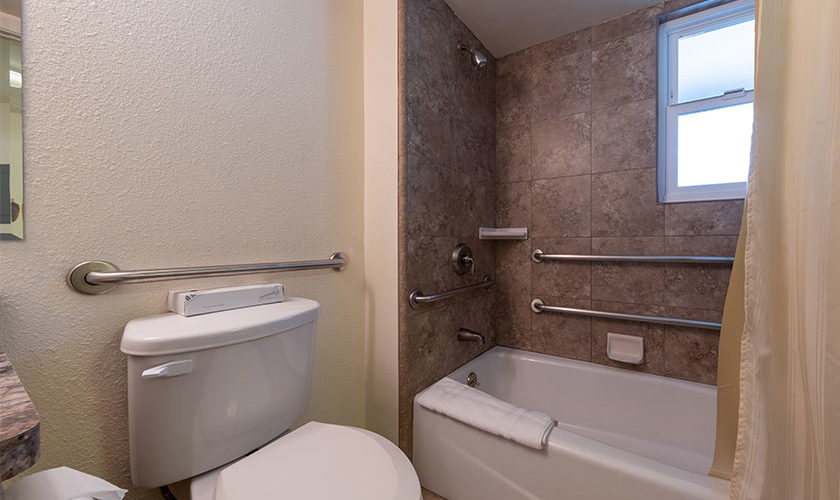 Two bedroom condo at Tahoe Sands Resort. Master bathroom with shower tub and toilet with grab bars