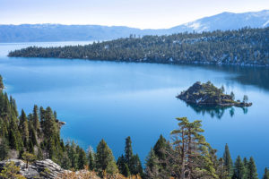 View overlooking Emerald Bay with trees and blue water